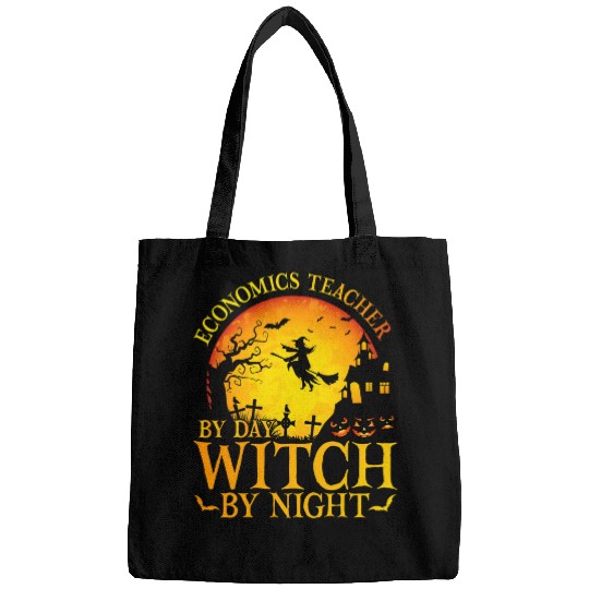 Economics Teacher By Day Witch By Night Halloween Teachers Bags