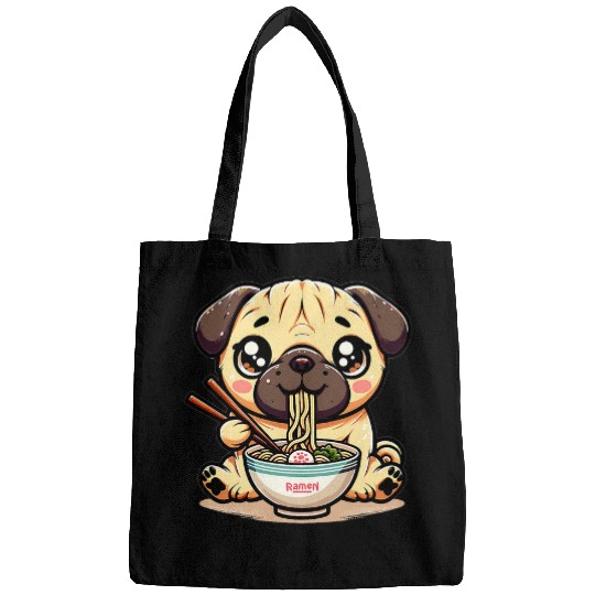 Cute Japanese Kawaii Chibi Pug Eating Ramen Bags