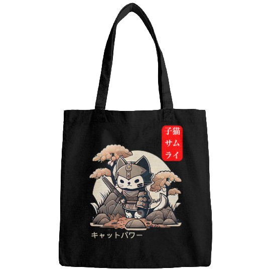 Cool Warrior Cat in Samurai Ninja Armor Japanese Art Anime Bags