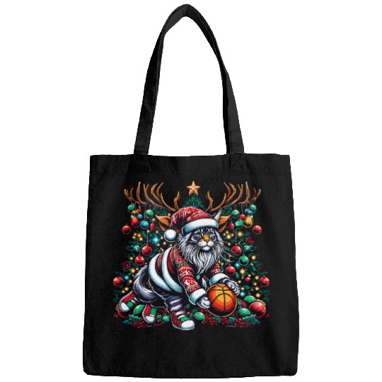 Funny Santa Maine Coon Cat Play Basketball Christmas Bags