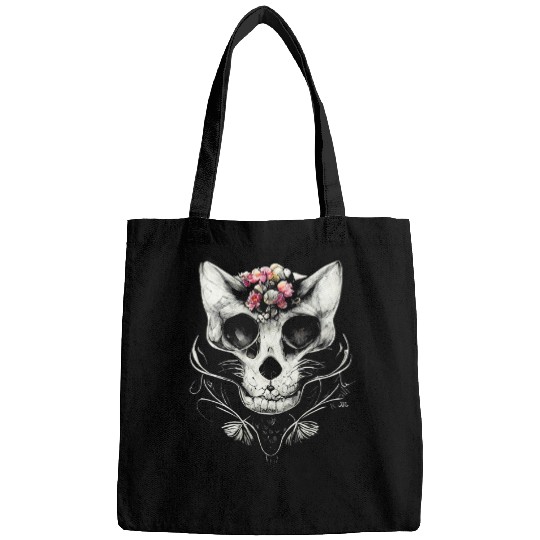 Cat Skull With Snakes And Flowers Tattoo Art Scary Halloween Bags