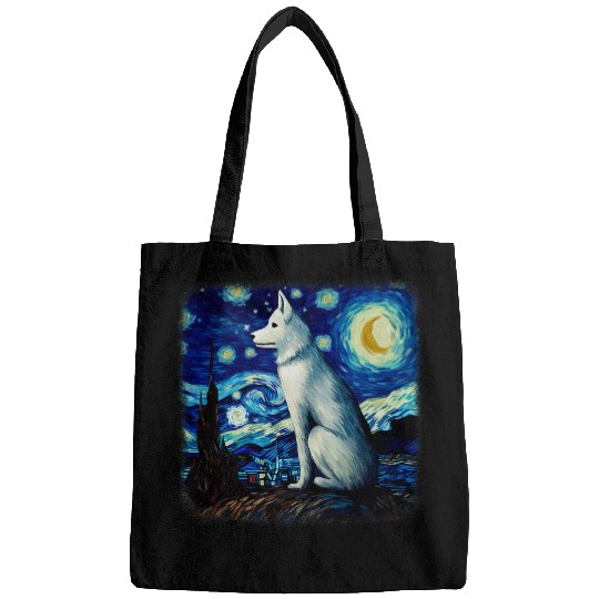 Dog in starry night van gogh Siberian Husky Bags