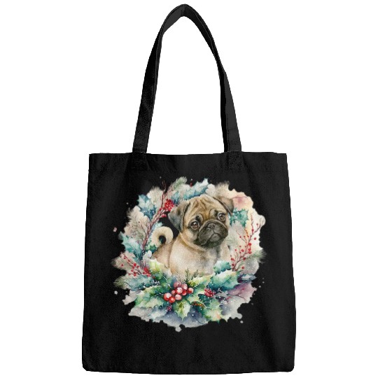 Dog lover  Puppy pug with Christmas wreath red berries Bags