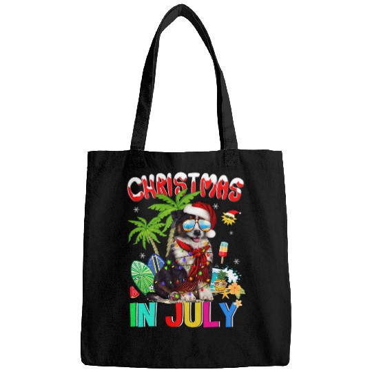Cute Border Collie in Santa Hat Sunglasses Christmas In July Bags