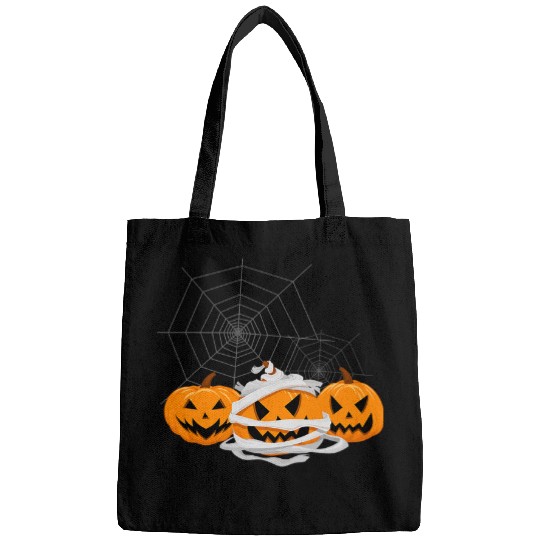 Three Halloween Pumpkins Jack O Lantern Faces Spider Web Bags