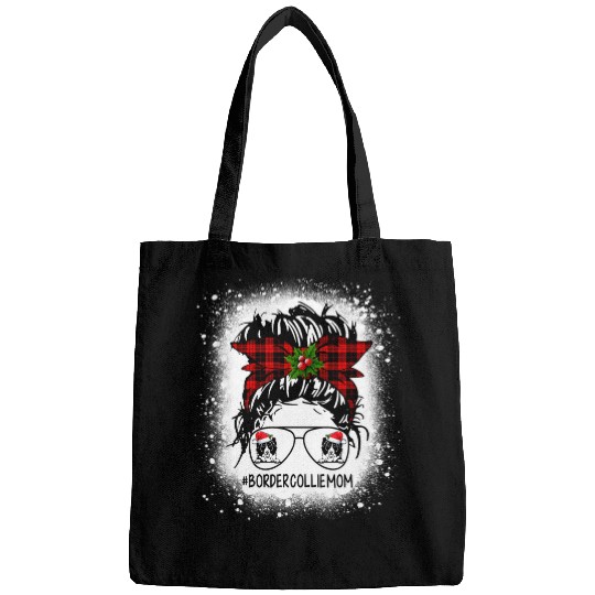 Border Collie Mom buffalo plaids Messy Bun Christmas Bleached Bags