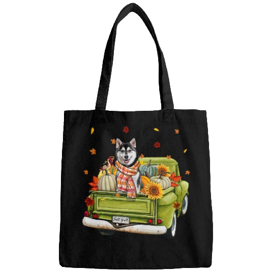 Dog Husky Happy Fall Yall Husky Dog On Truck Pumpkin Fall Autumn44 Bags