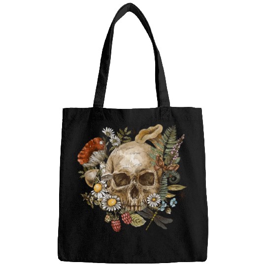 Tattoo Style Skull with Flowers Dragonfly Berries Mushrooms Bags