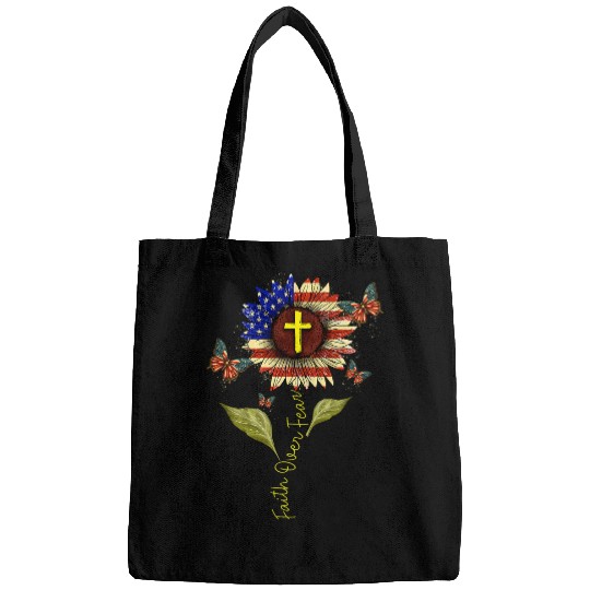 Sunflower Butterfly USA Flag Faith Over Fear Jesus Christian Bags