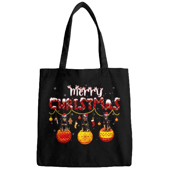 Dog Rottweiler Merry Christmas Red Plaid Santa Hat Tee Dog Lover Bags