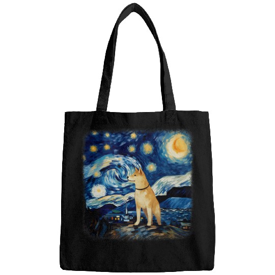 Dog in starry night van gogh Shiba Inu 1 Bags