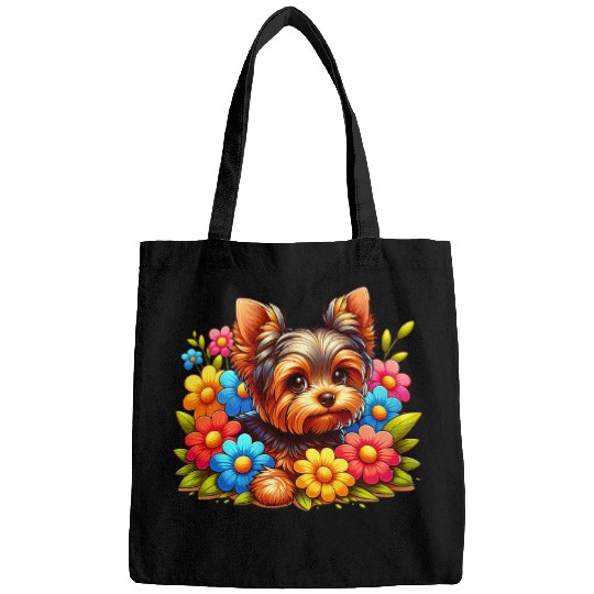 Cute Yorkie Puppy Colorful Spring Flowers Yorkshire Terrier Bags