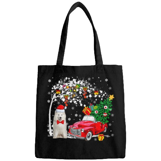 Dog Samoyed Santa Samoyed Red Pickup Truck Carrying xmass Tree Family Bags