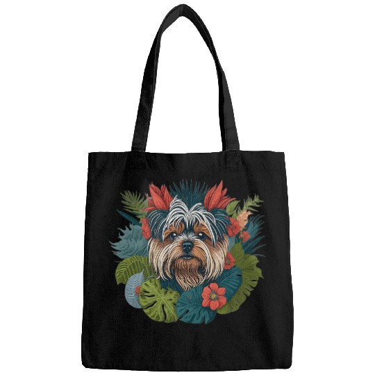 Dog Lover Women Smiling Yorkshire Terrier Flowers Floral Bags