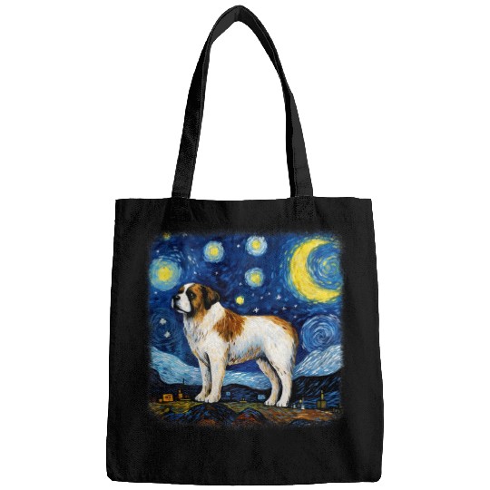 Dog in starry night van gogh Saint Bernard Bags