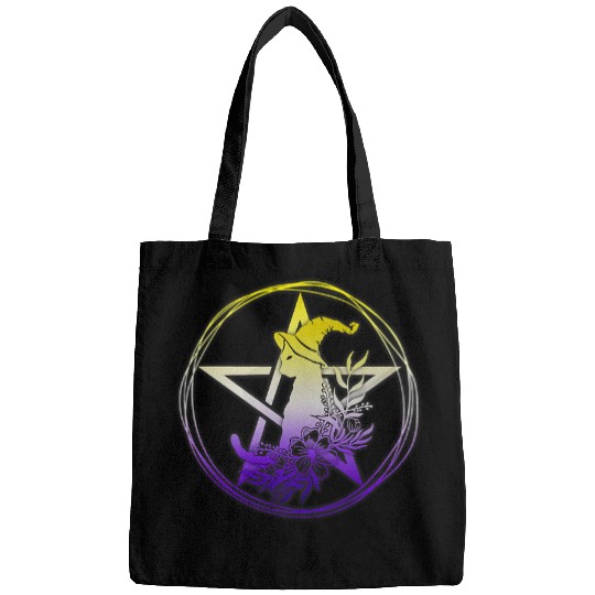 Nonbinary Cat Pentagram Pagan Witch NB Enby Pride Floral Bags