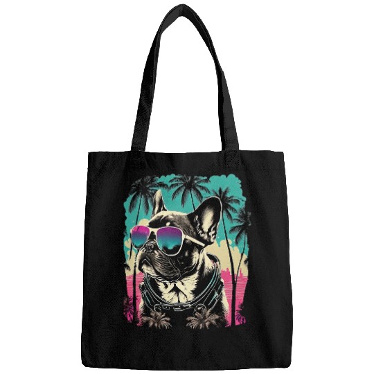 Frenchie in Paradise Retro Bulldog on Palm Sunset Bags