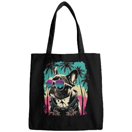 Frenchie in Paradise Retro Bulldog on Palm Sunset Bags