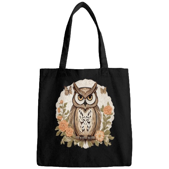 Owl in Cottage Core Style Art Flowers Butterflies 2 Bags
