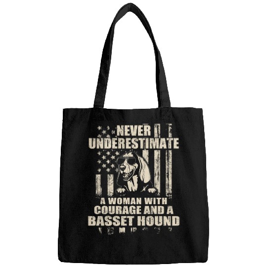 Never Underestimate Woman and a Basset Hound USA Flag Bags