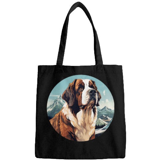 Saint Bernard Dog In Front Of A Mountain St Bernard Dog 1 Bags