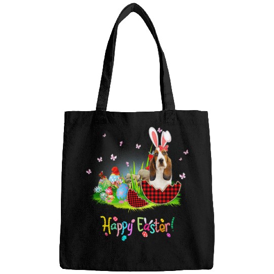 Happy Easter Basset Hound Red Plaid Egg With Bunny Ear Bags
