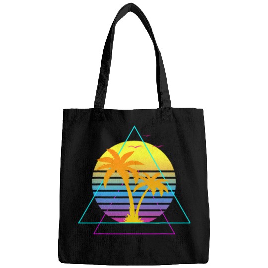 Retro 1980s 1990s Vaporwave Palm Trees Sunset Beach Art 8 Bags