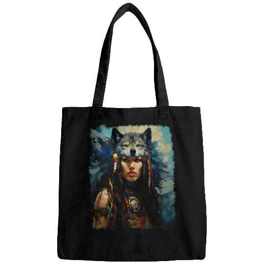 Discover Native American Girl Female wolfs Spiritual Animal Bags