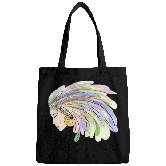 Native American Girl with Feathers Hearstyle modern art Bags
