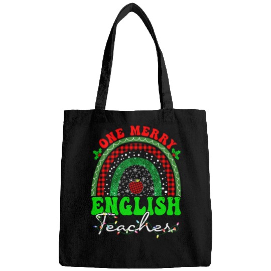 One Merry English Teacher Rainbow buffalo plaids Christmas Bags