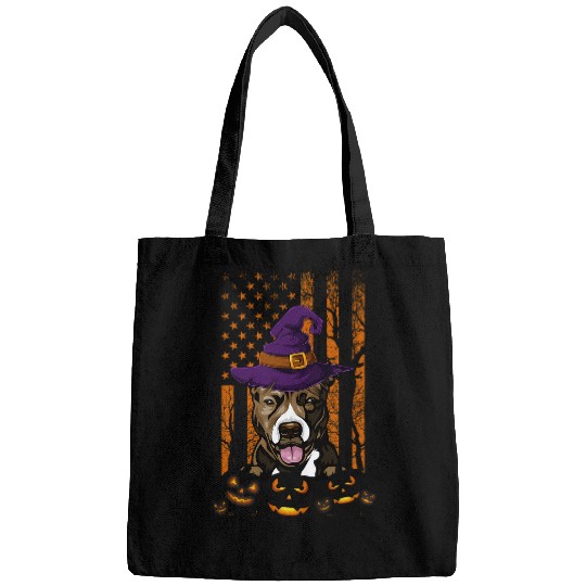 Pitbull Witch American USA Flag Funny Halloween Dog Lover Bags