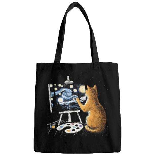 Starry Night Cat Painting Funny Van Gogh Bags