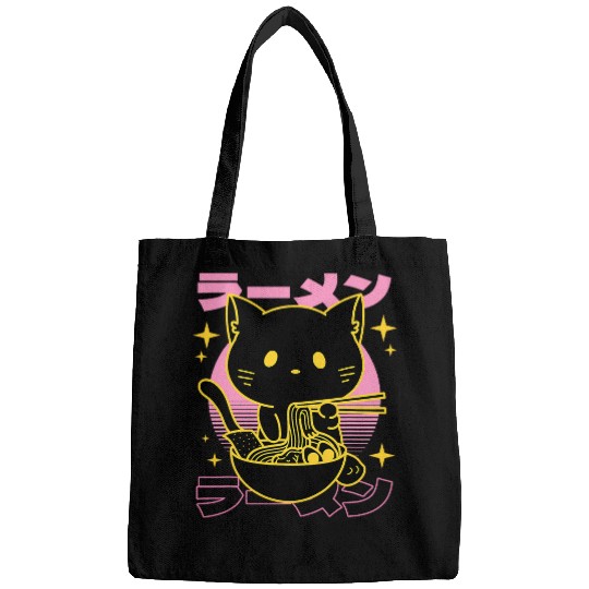 Retro Japanese cat art eating Ramen Kanji But First Ramen Bags