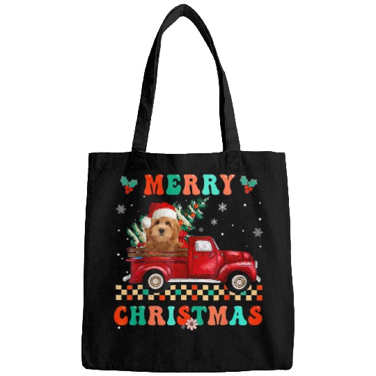 Dog Goldendoodle Riding Red Truck Christmas Decorations T-Shirt Bags
