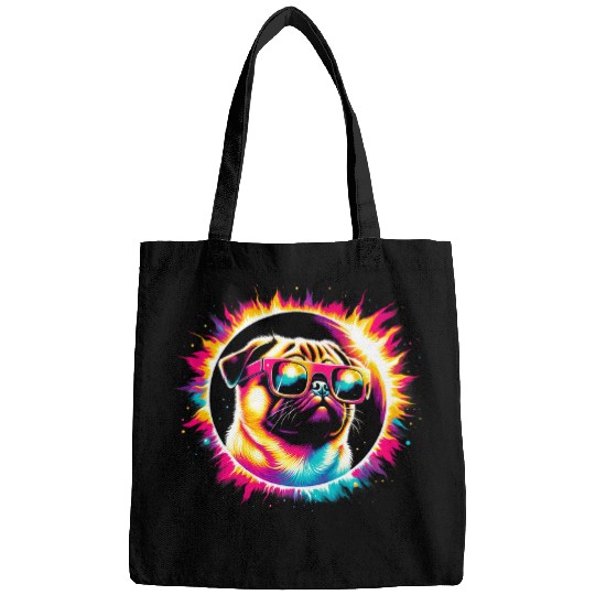 Total Solar Eclipse 2024 Pug Dog Wearing Sunglasses Colorful Bags