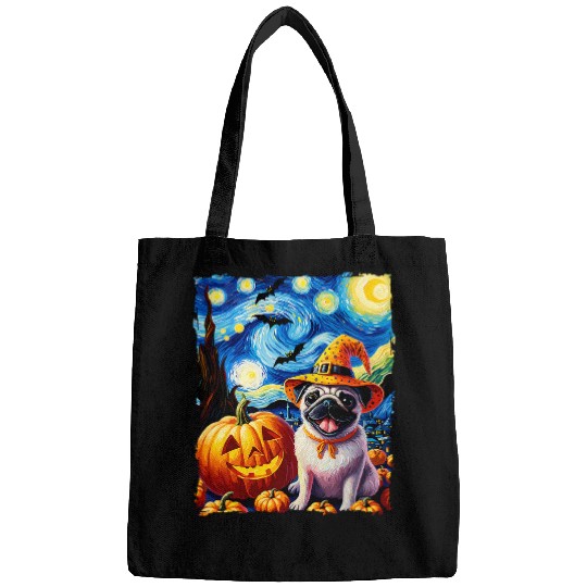 Pug Dog Halloween Starry Night Van Gogh for Art Lovers Bags