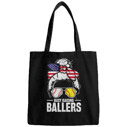 Womens Baseball Softball Proud American Mom Busy Raising Ballers Bags