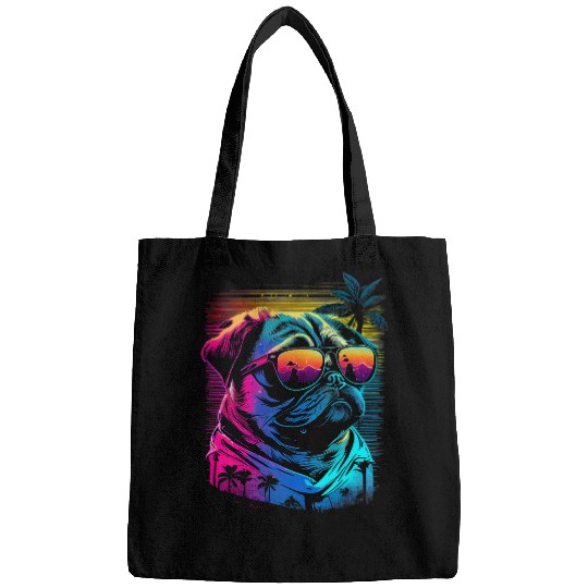 Pug Dog with Sunglasses Vaporwave Synthwave Retrowave Style Bags