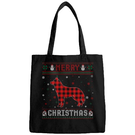 Ugly Christmas Sweater Siberian Husky Dog buffalo plaids Red Bags