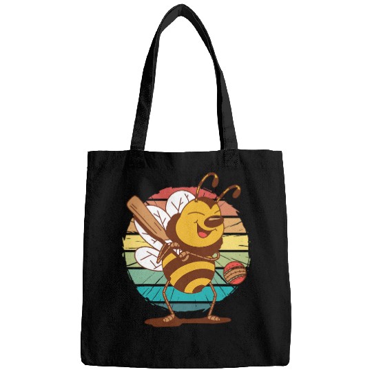 vintages funny cartoon bee cricket bat bee cricket player Bags
