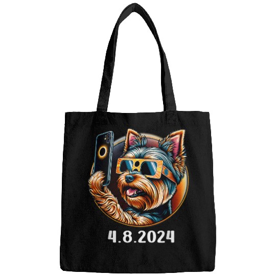 Yorkshire Terrier Selfie With Solar 2024 Eclipse Glasses Bags