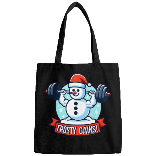 Snowman with Dumbbells and Frosty Gains Funny Holiday Gym Bags