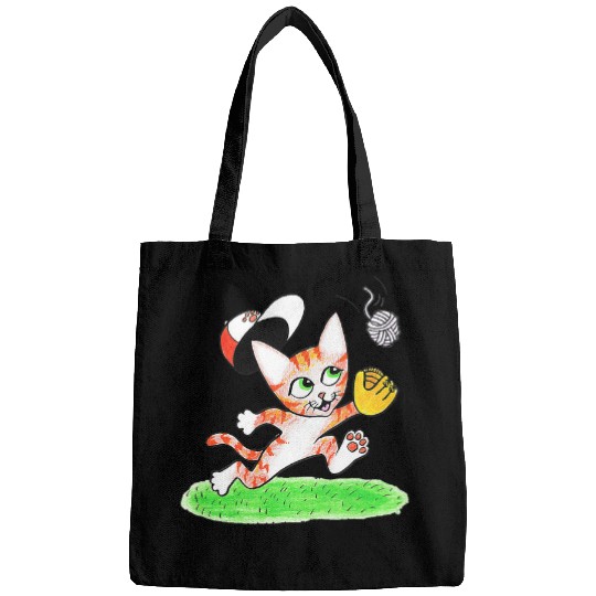 Orange Ginger Kitty Cat Baseball Player Catching Yarn Ball Bags