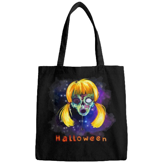 Zombie Girl Face Watercolor Halloween Design Art Bags