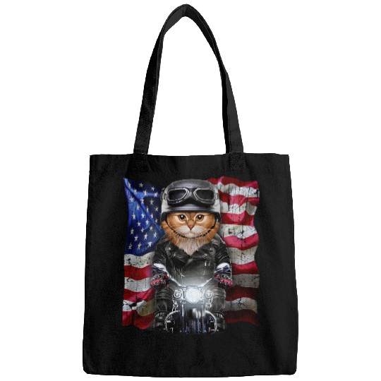 Patriot Orange Cat on Motorcycle with Flag of USA 21 Bags