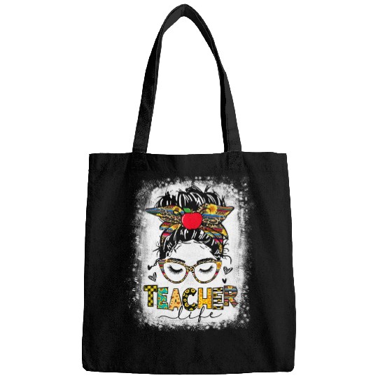Teacher Life Messy Bun Glasses Leopard Sunflower Mothers Day Bags