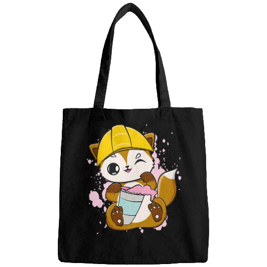 Construction Worker Fox Drinks Bubble Tea For Boba Tea Lover Bags