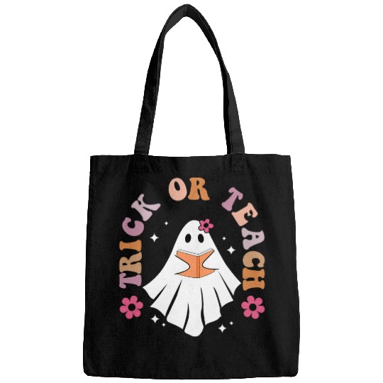 groovy trick or teach ghosts holding book teacher halloween Bags