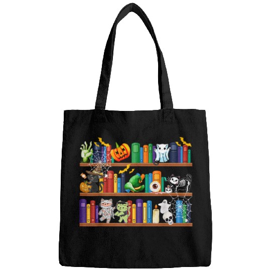 halloween cats bookshelf apparel book lover apparel gift for Bags
