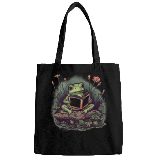 Aesthetic Cottagecore Frog reading book Bags